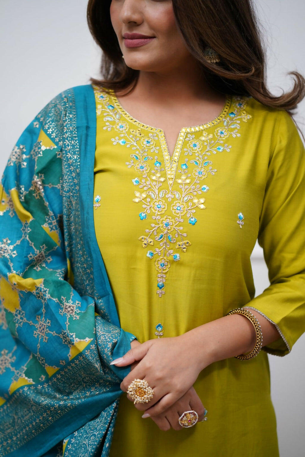 The52 Lemon Beautiful Embroidered Viscose Chanderi Fabric Straight Kurta Pant with Dupatta Set