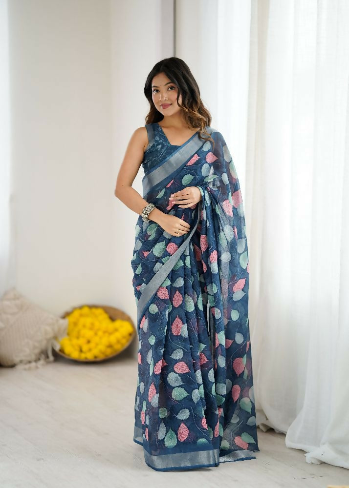 PR Fashion Dark_Blue Linen Patta Printed Saree
