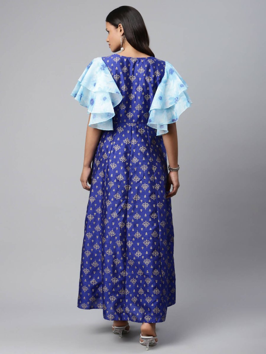 Ahalyaa Women Royal Blue Poly Silk Gold Paste Printed Dress