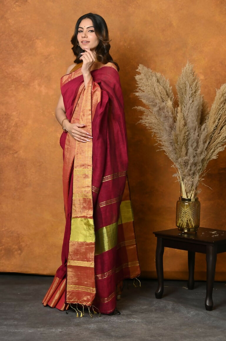 Very Much Indian Handloom Pure Cotton Linen Saree With Golden Border - Maroon