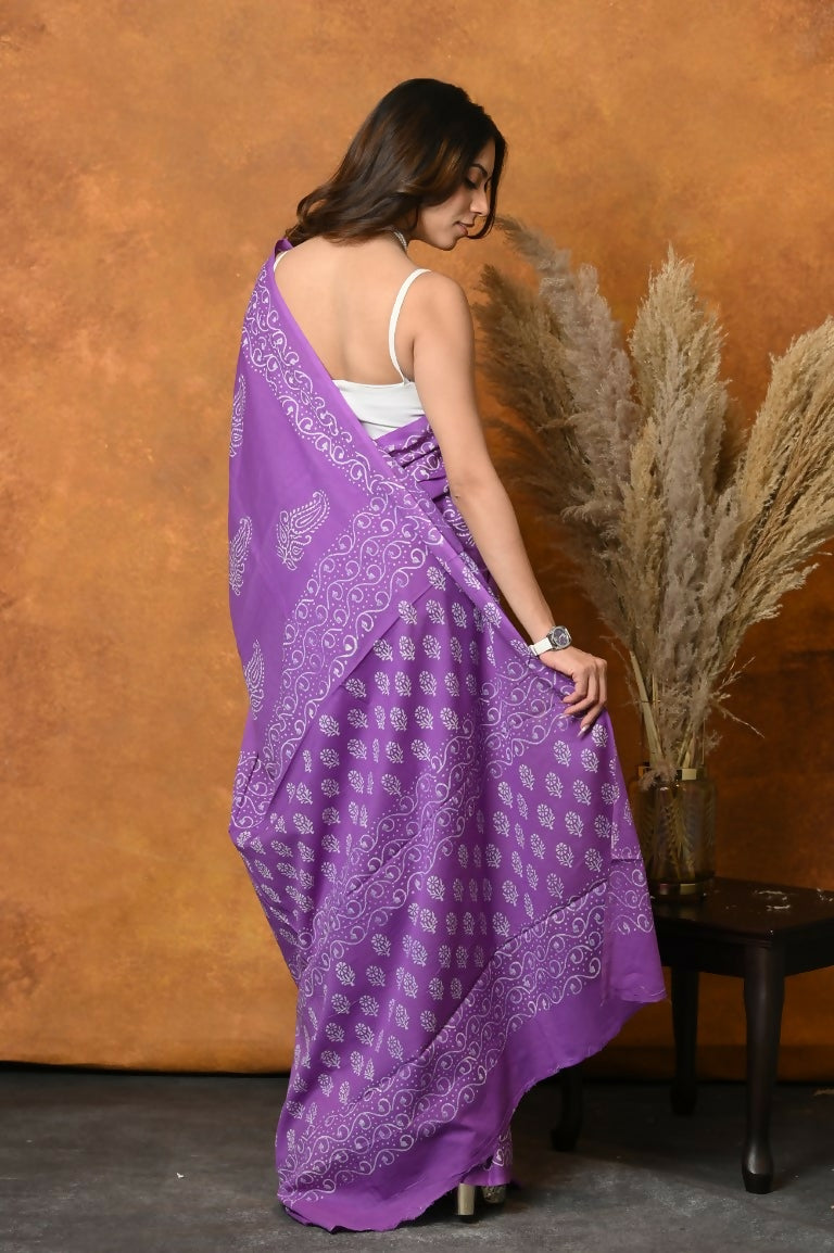 Very Much Indian Handblock Printed Cotton Saree With Natural Dyes - Purple