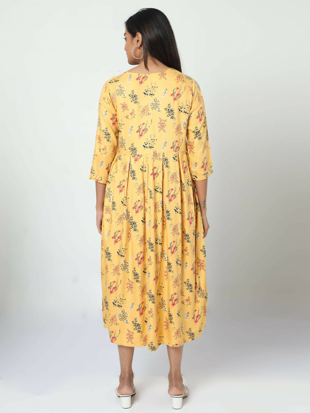 Manet Three Fourth Maternity Dress Floral Print With Concealed Zipper Nursing Access - Yellow