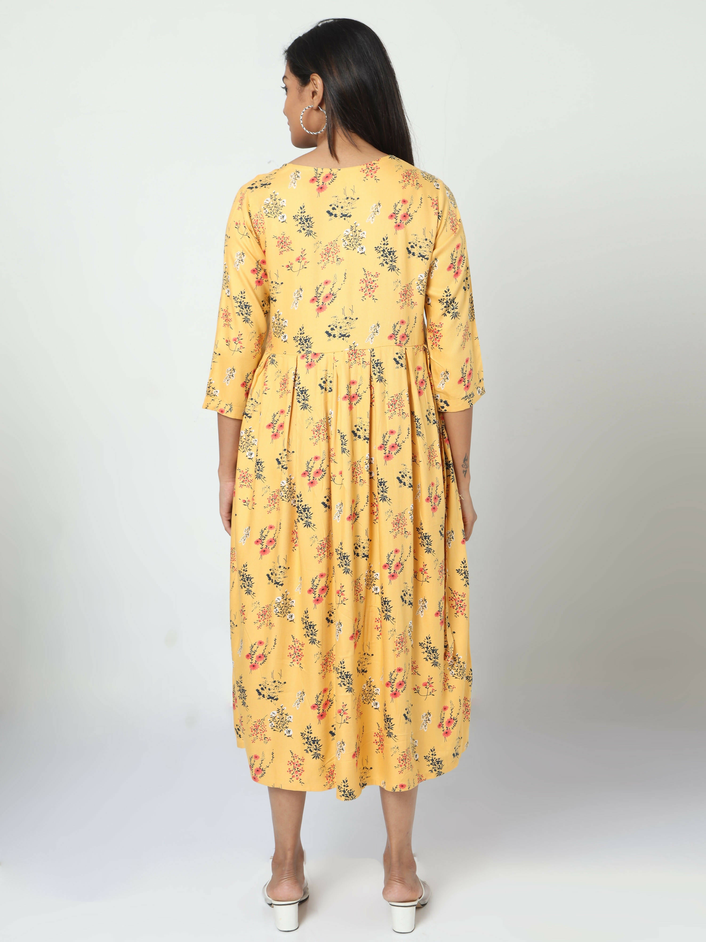 Manet Three Fourth Maternity Dress Floral Print With Concealed Zipper Nursing Access - Yellow