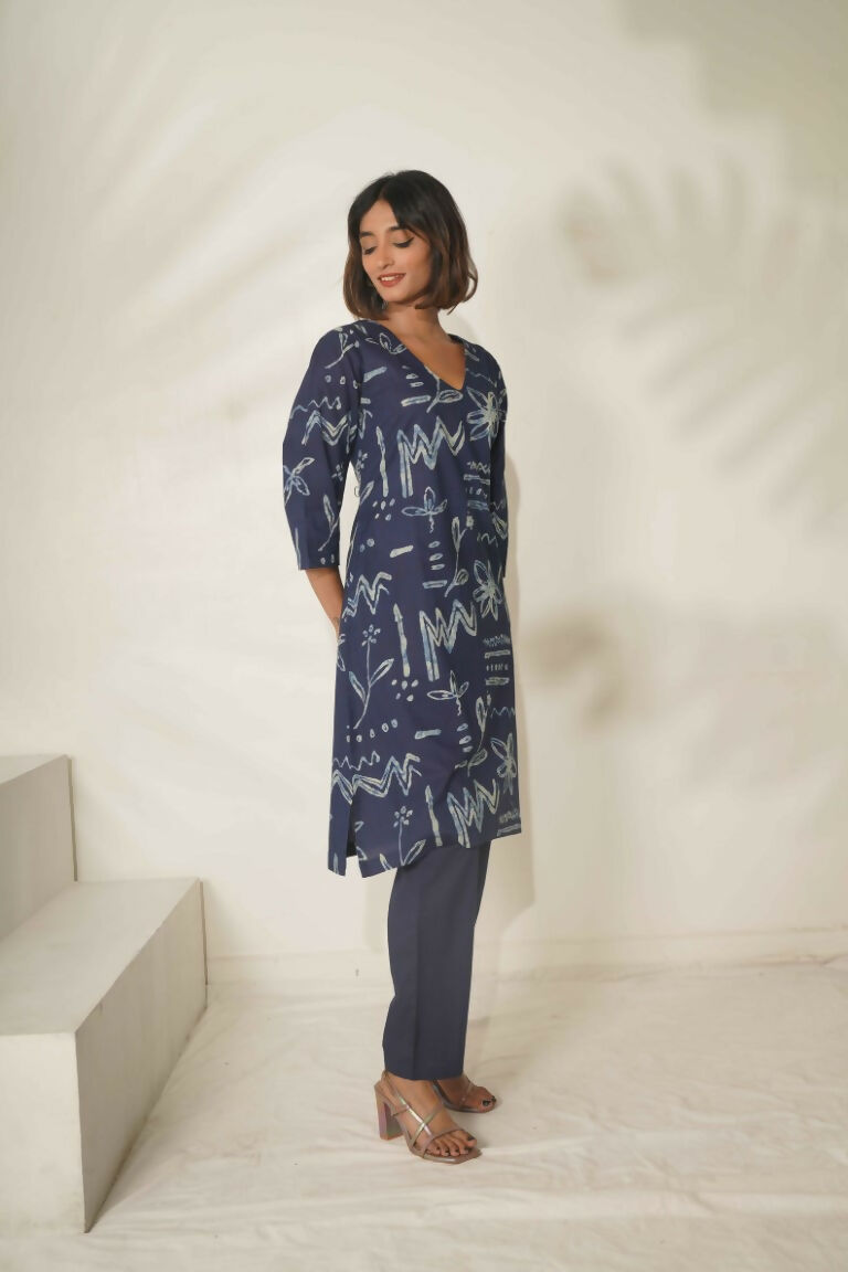 Miravan Women's Abstract Printed Cotton Blue Co-Ord Set