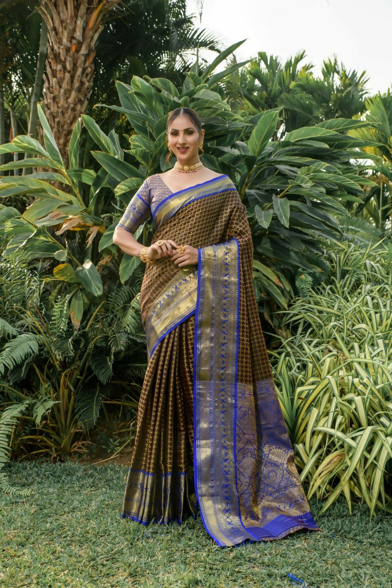 Jyoti Fashion Women's Coffee Kanjivaram Silk Zari Woven Saree with Blouse