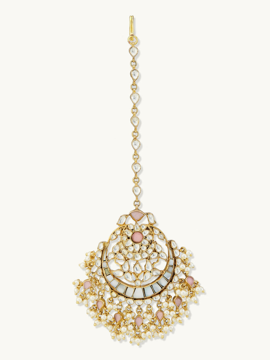 Nuyug 22K Gold-Plated Pearls & Pink Kundan Studded Statement Maang Tikka Head Jewellery