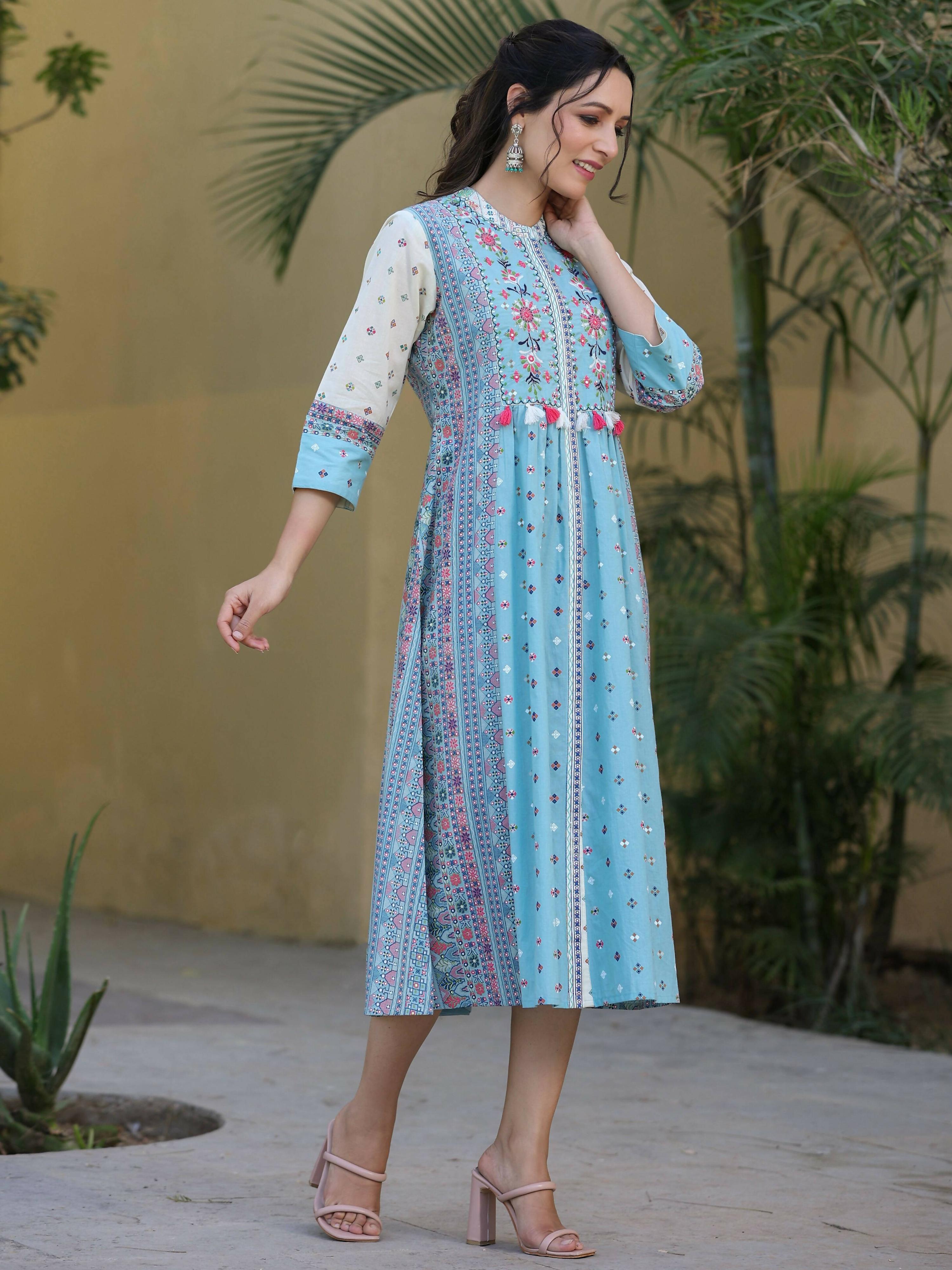 Juniper Women's Skyblue Cambric Printed Flared Dress