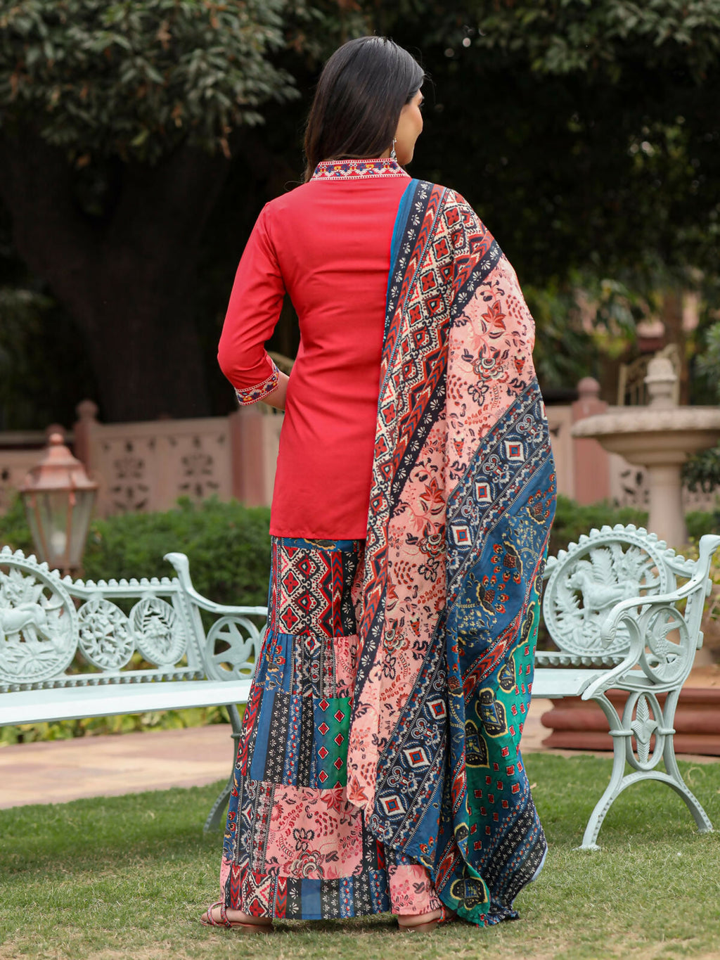 Juniper Women's Rust Thered Embroidered Rayon Kurta Sharara & Voile Dupatta Set