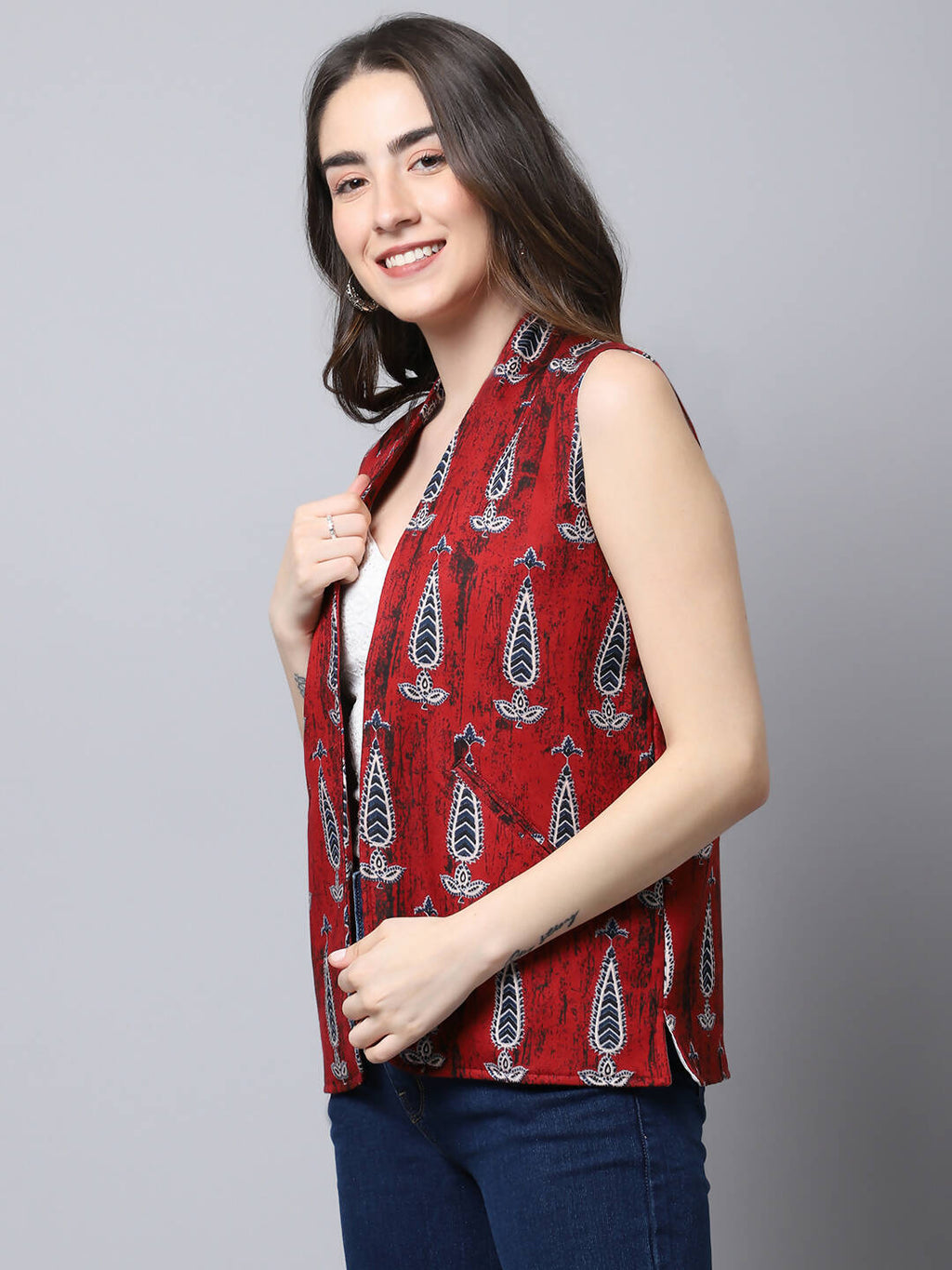 Even Apparels Maroon 100% Viscose Rayon Open Front Gillet
