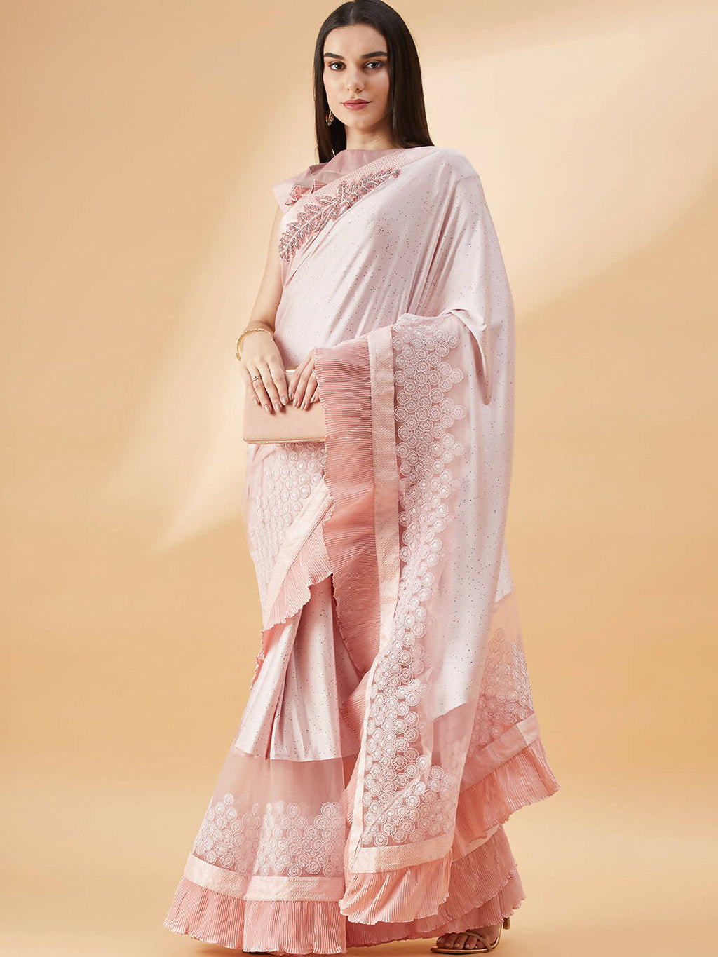 Pink Lycra Frill Details, Hand Embroidered Brooch Saree - Norita Hit Design