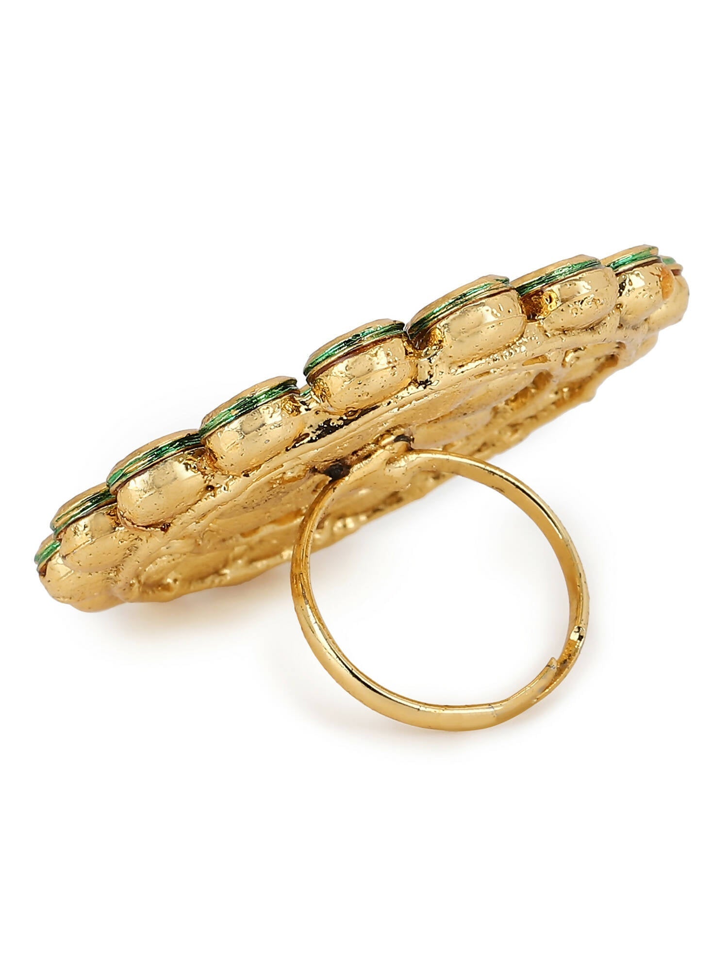Gold-Polished White Kundan-Studded Adjustable Finger Ring - Ruby Raang