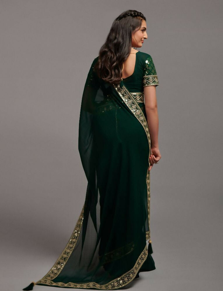PR Fashion Green Zometo Embroidery Lace Saree