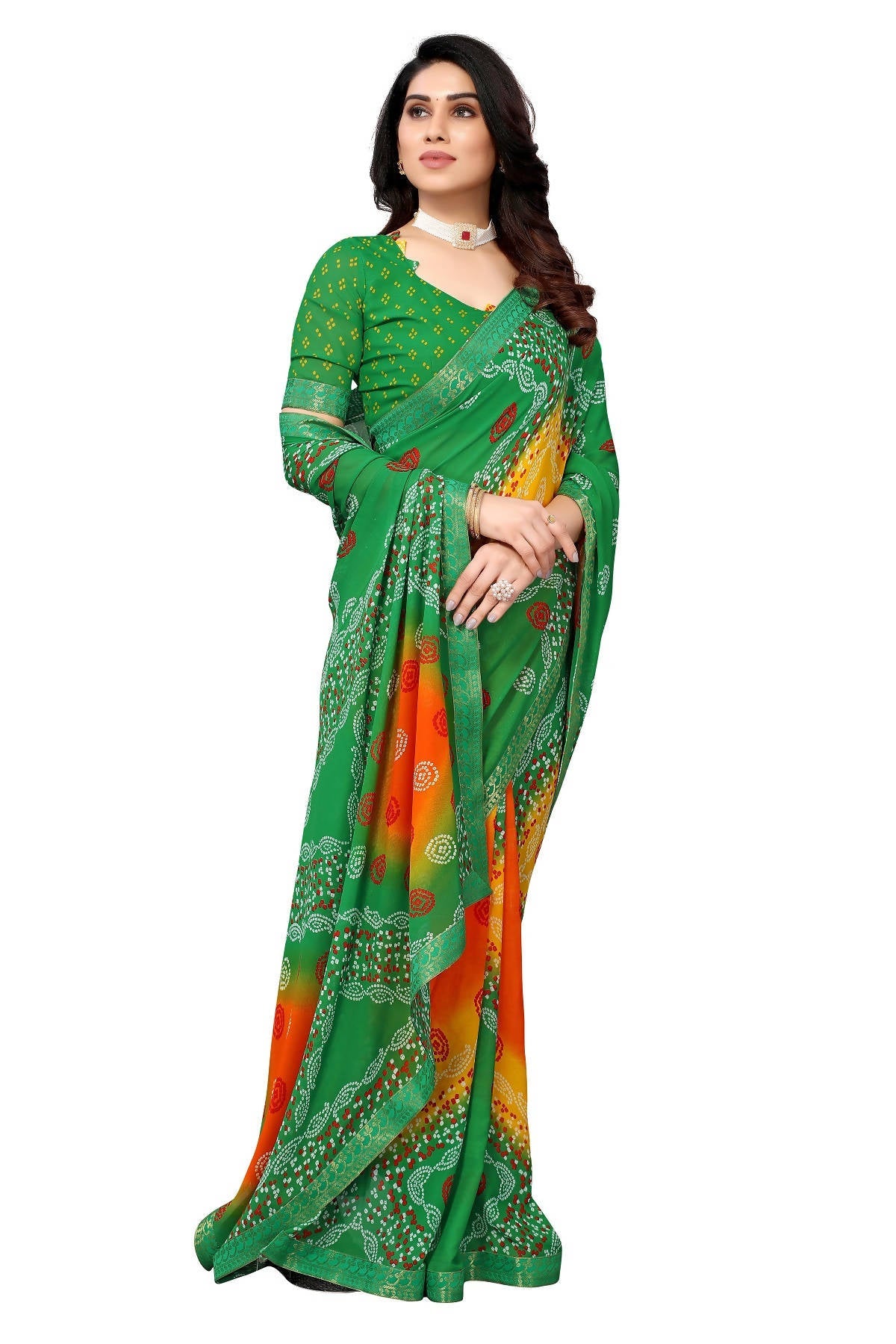 Vamika Beautiful Ethnic Fire Green Printed With Lace Saree
