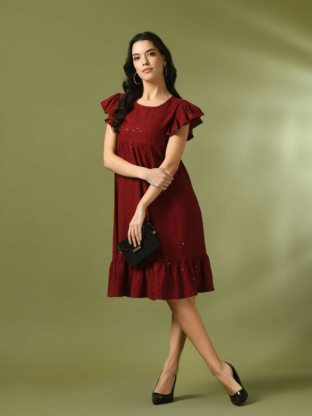 Myshka Women's Maroon Embroidered Cotton Round Neck A-Line Party Dress