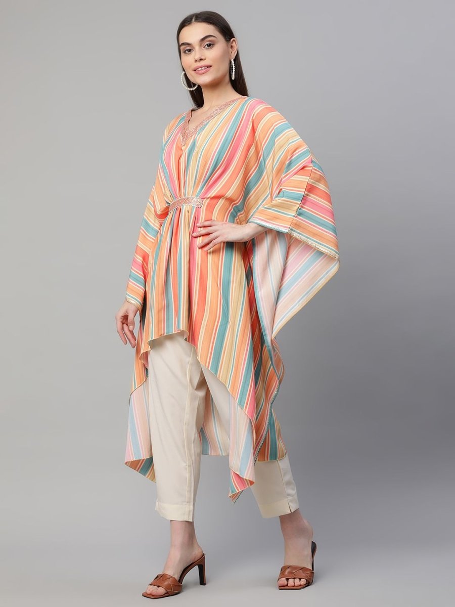 Ahalyaa Women Multi Color Crepe Striped Printed Kaftan Kurta With Trousers