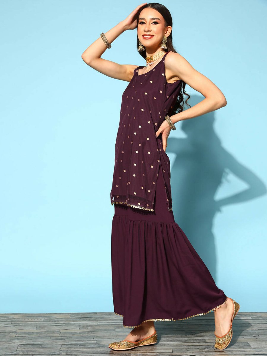 Ahalyaa Women Wine Colour Crepe Gold Printed Kurta Sharara Set