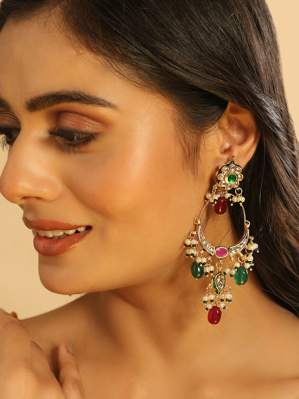 Nuyug 22K Gold Plated Crescent Kundan Drop Green Stone Chandbali Earrings