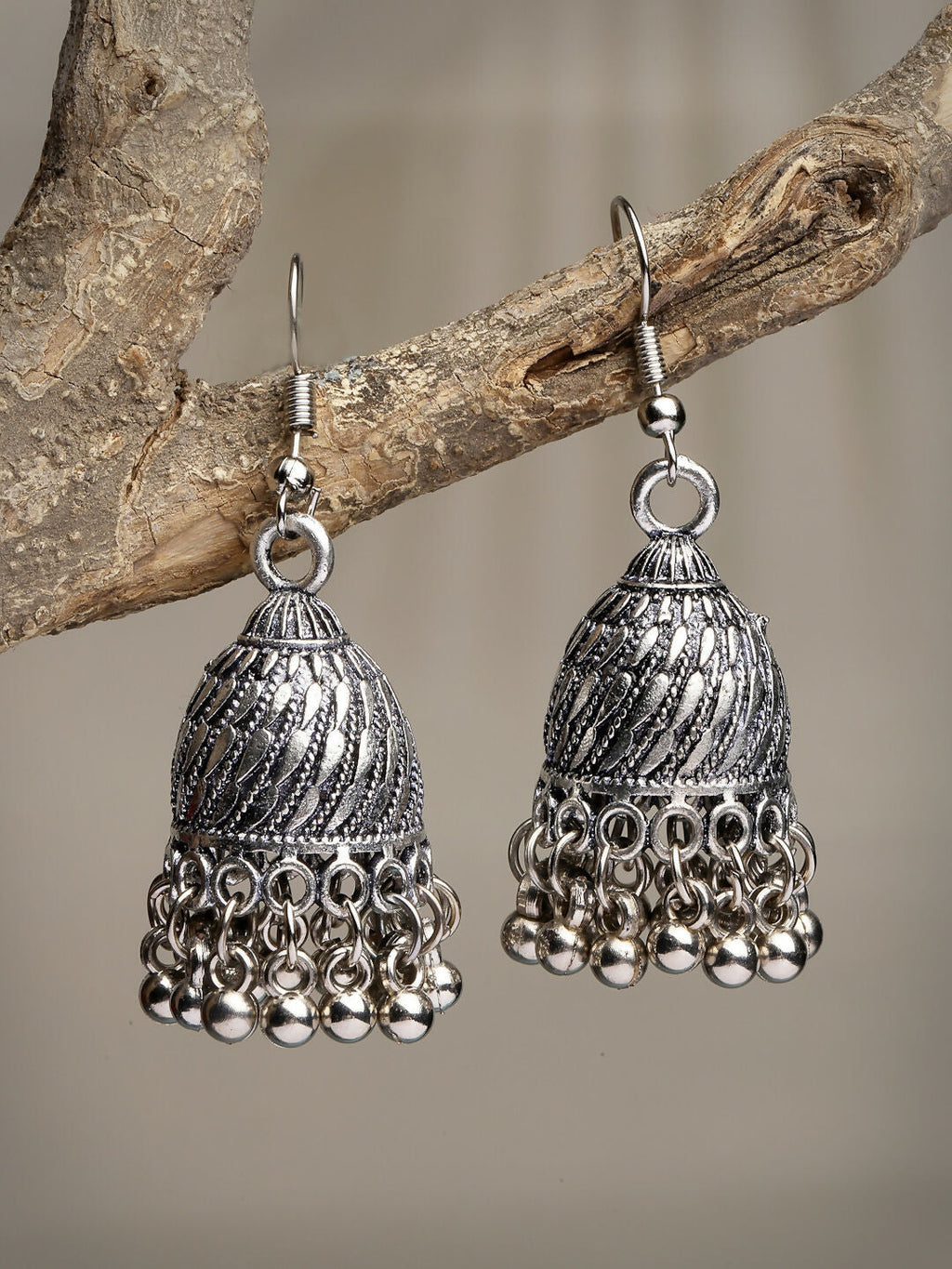 NVR Women's Silver-Toned German Silver Oxidised Dome Shaped Jhumka Earrings