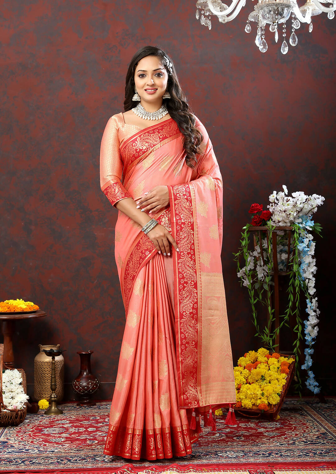 Lorenvalley Fashion Peach Cotton Woven Design with Zari Weaving Design Saree