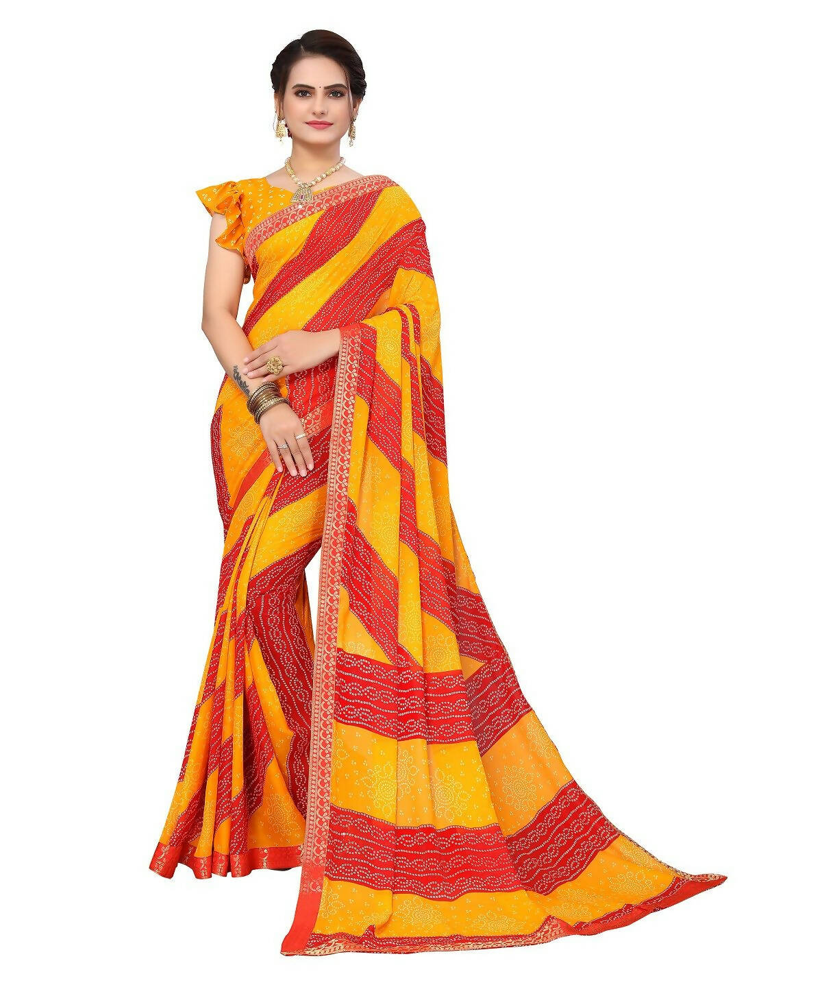 Vamika Yellow Georgette Printed With Lace Saree (MANYA YELLOW RED)