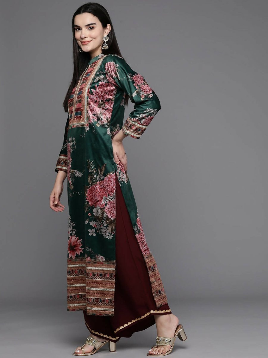 Ahalyaa Women Floral Printed Gotta Patti Velvet Kurta - Green Color