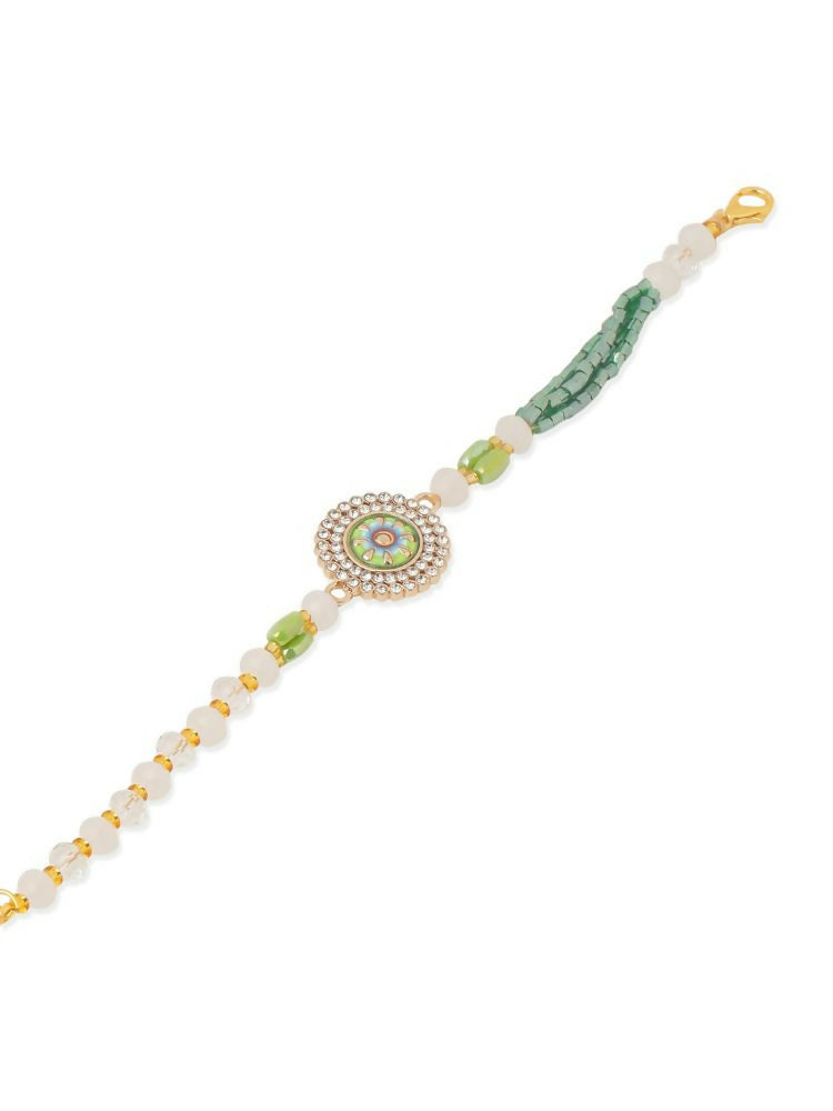 NVR Women Green Artificial Stones & Beads Floral Wraparound Bracelet