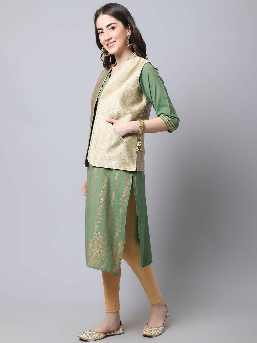 Even Apparels Beige Bansari Silk Open Front Gillet