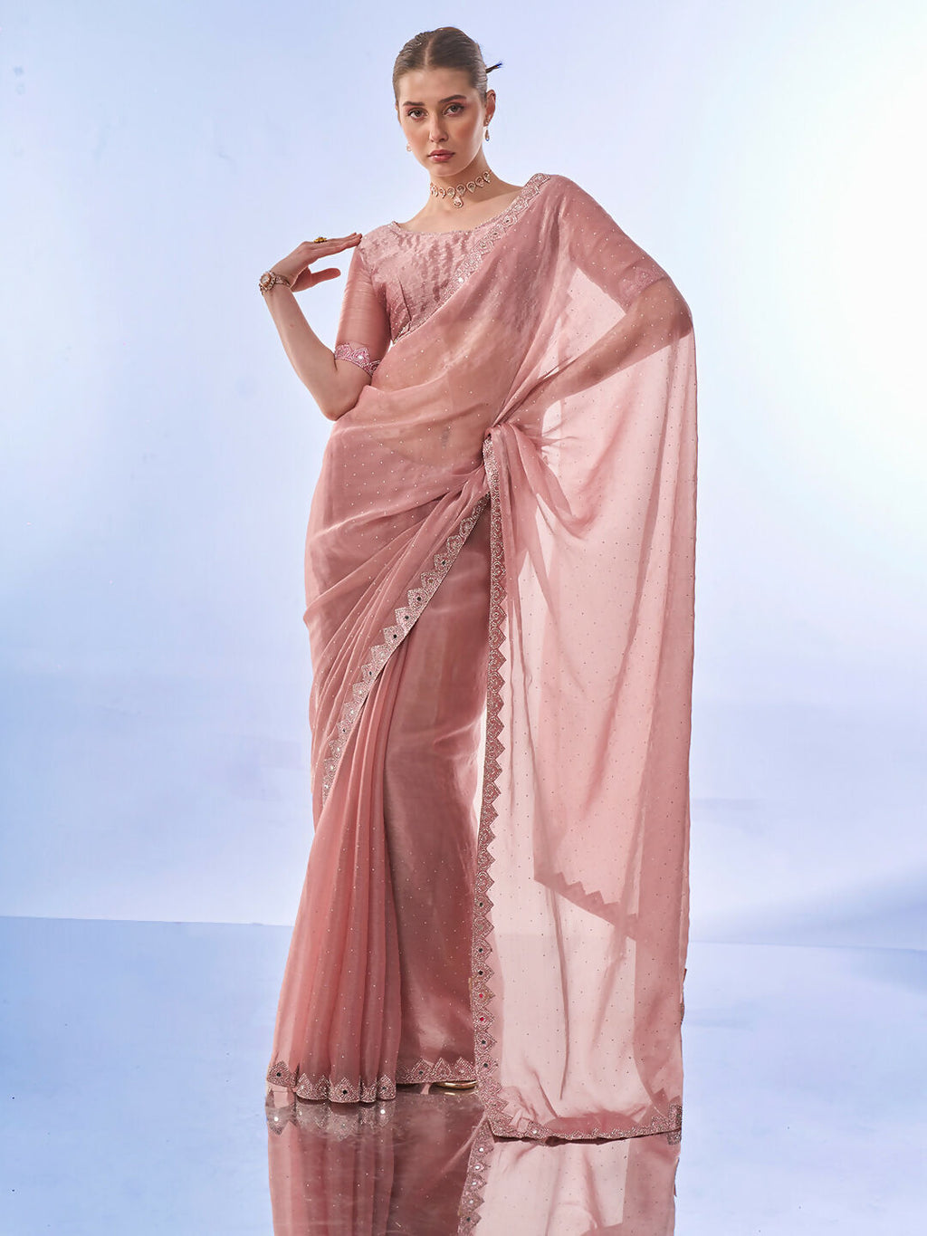 Pink Burburry Designer Work Lace Border & Swarovski Work Saree - Orchid
