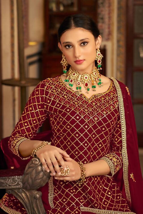 Maroon Heavy Chinon Semi Stitched Kurta with Bottom & Dupatta - Dhvani