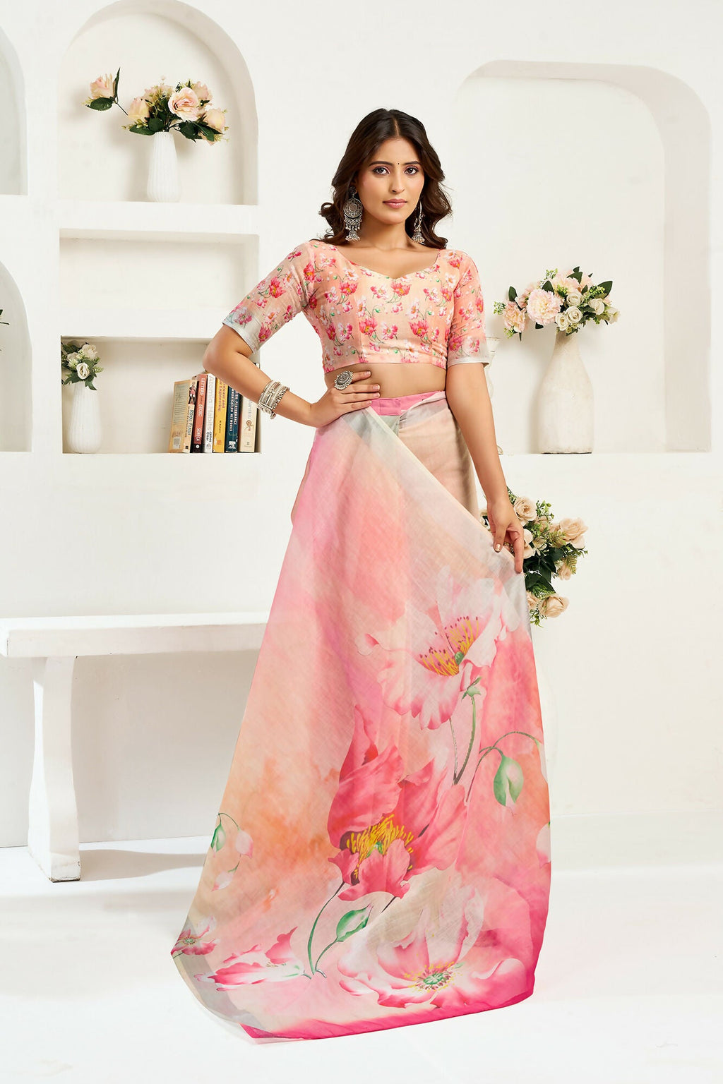 Vastranavya Peach Digital Printed Linen Ready To Wear Designer Saree with Unstitched Blouse