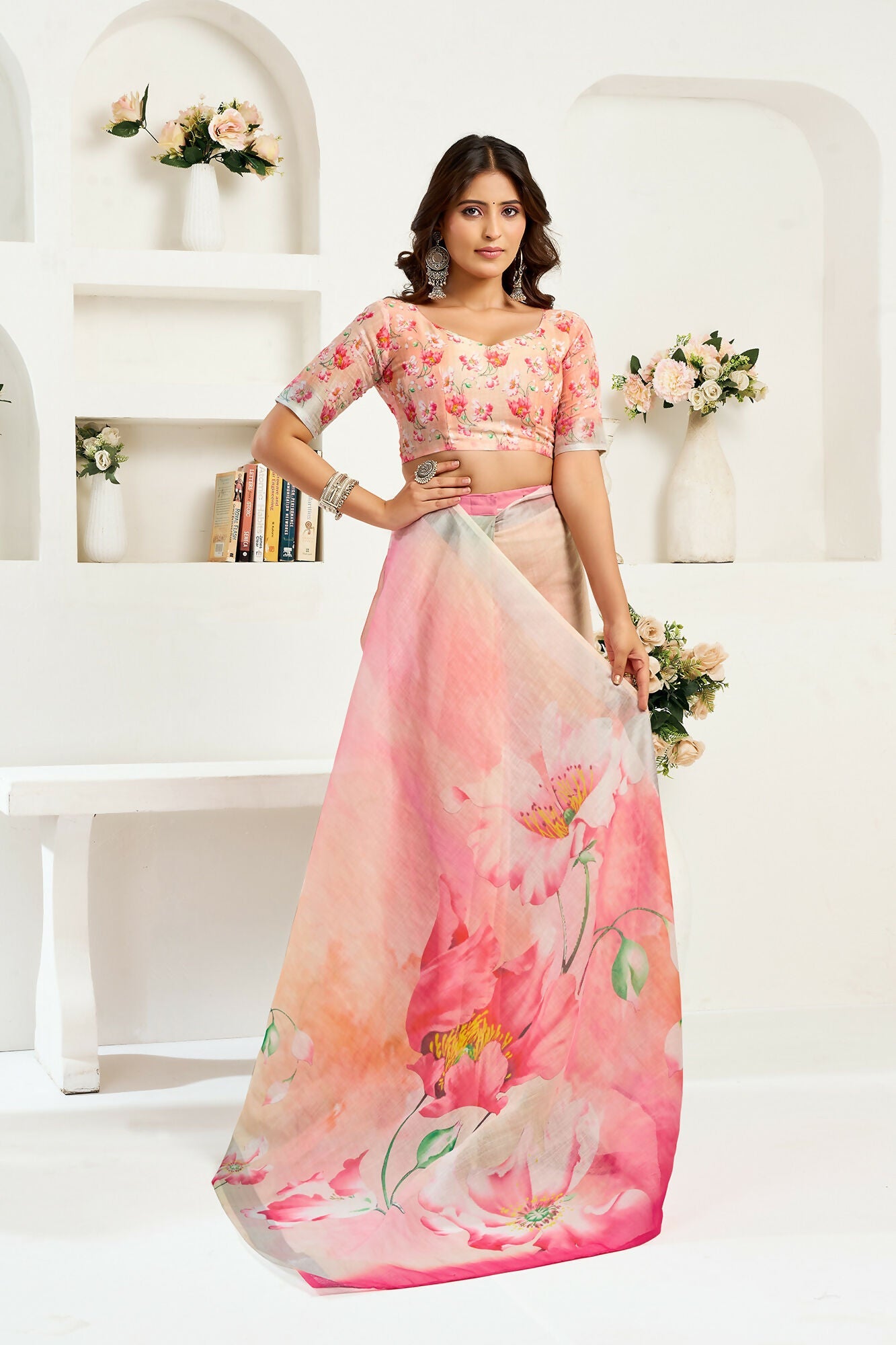 Vastranavya Peach Digital Printed Linen Ready To Wear Designer Saree with Unstitched Blouse