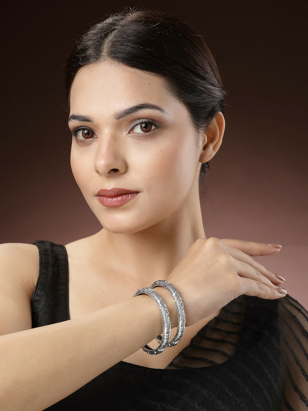 NVR Women's Silver-Toned German Silver Floral Oxidised Kada Bangle