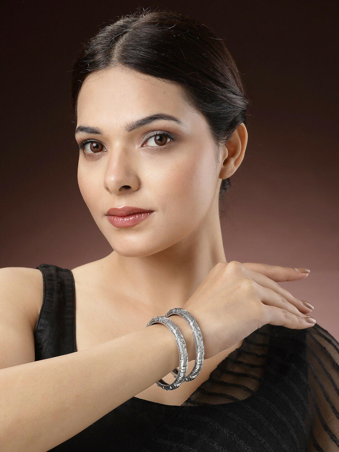 NVR Women's Silver-Toned German Silver Floral Oxidised Kada Bangle