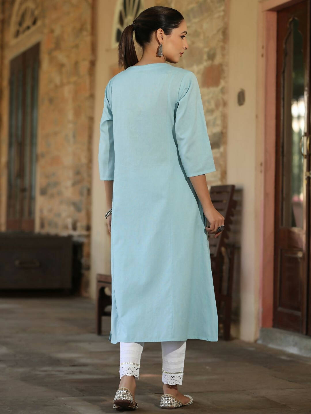 Juniper Women's Blue Cotton Flex Embroidered Straight Kurta
