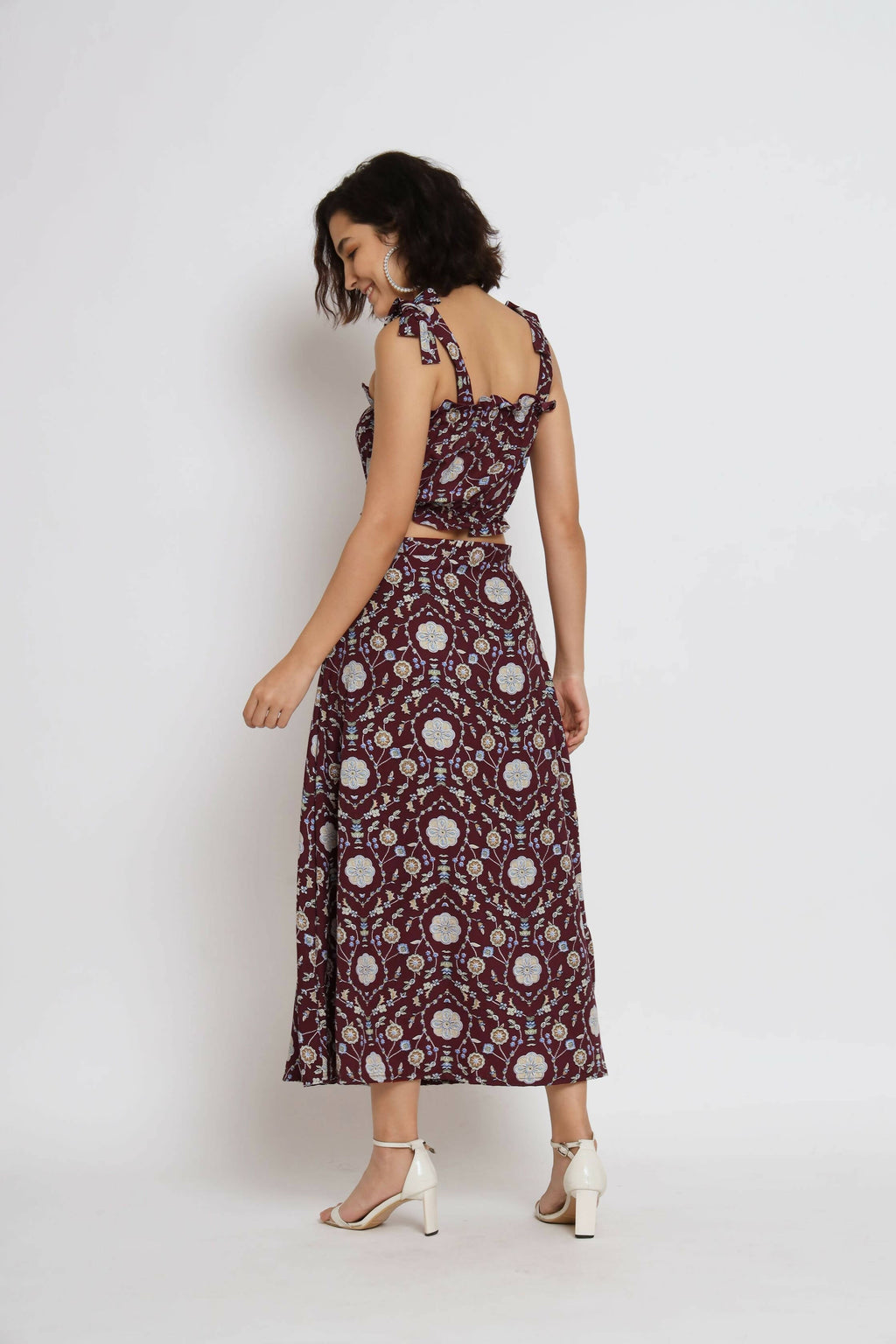 Wine Crepe Floral Printed Top with Matching Skirt - Shivani