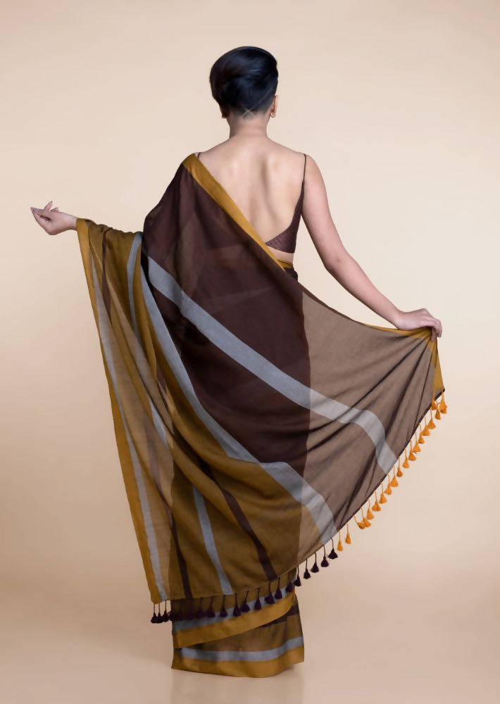 Suta Brown Yellow Colourblocked Mul Saree