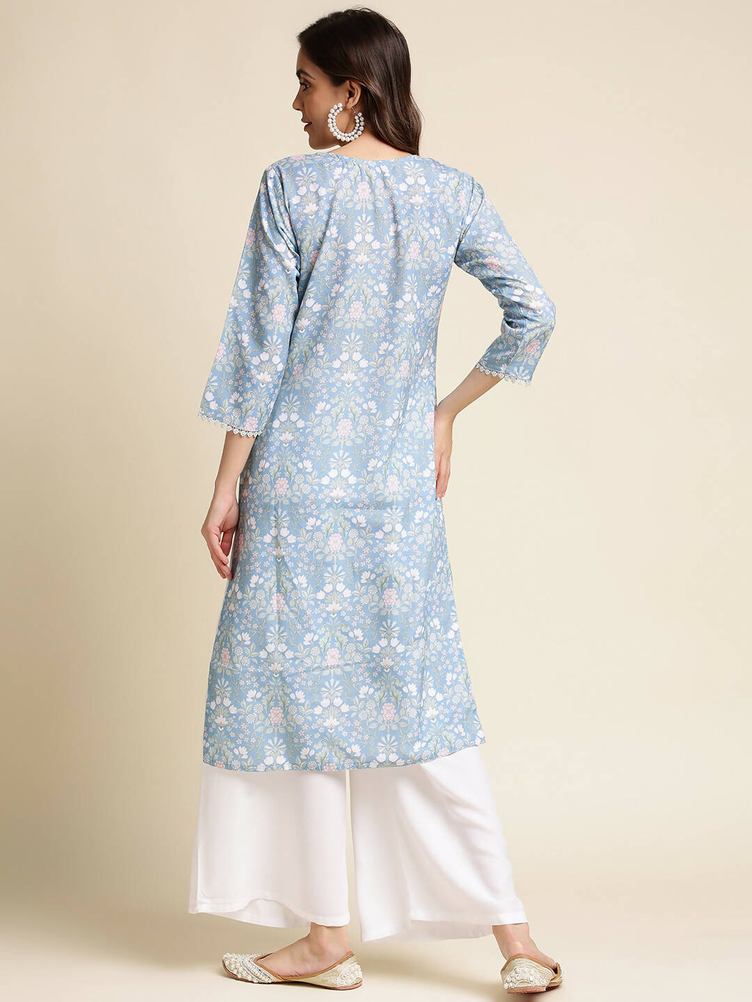 Blue Linen Floral Printed Straight Fit Kurta - Prasuti