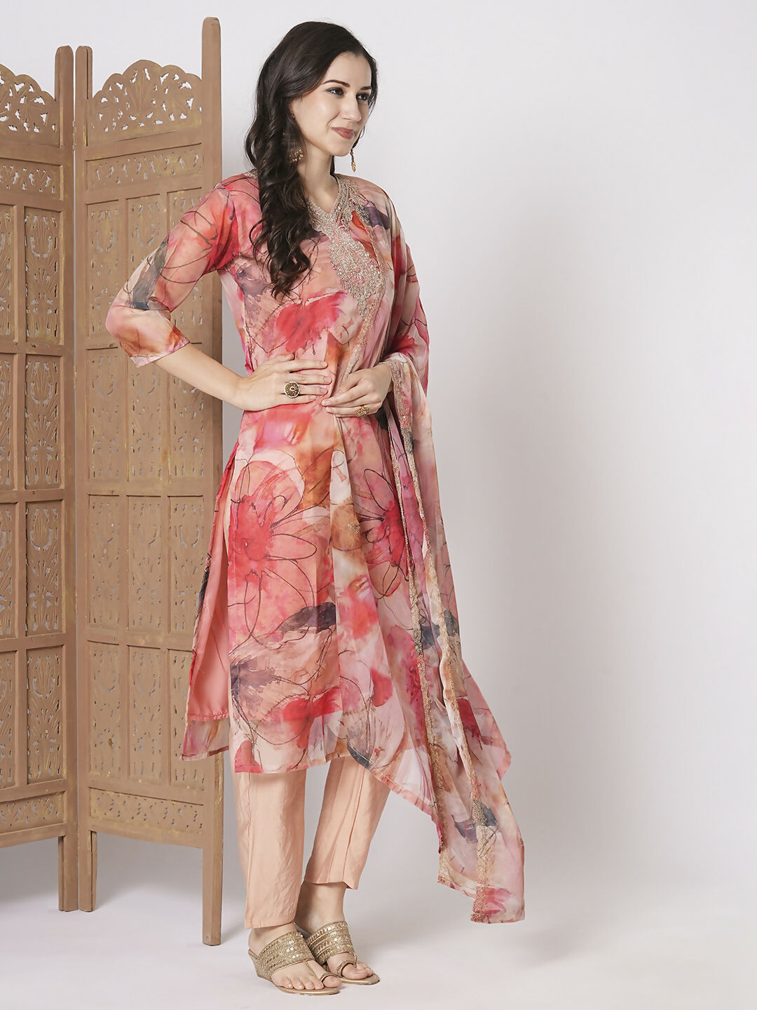 Pink Taby Silk Embroidery Work, Printed Kurta Set - Riya