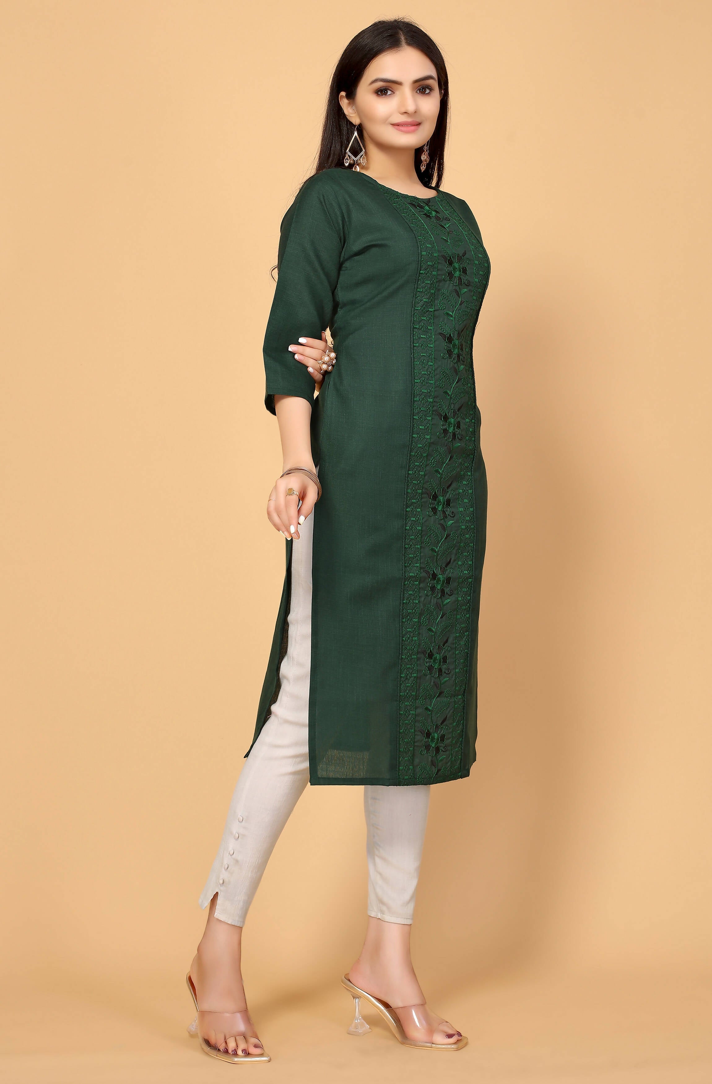 Dark Green Cottan Slub Embroidery Kurti - Umi