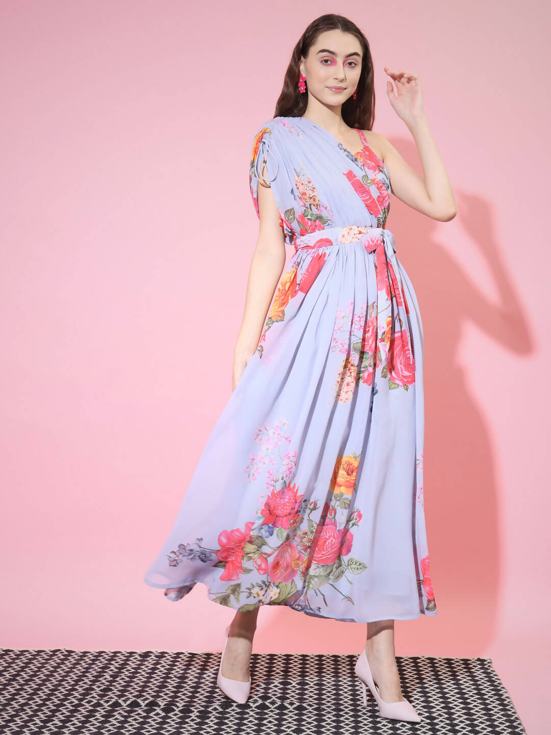 Myshka Women's Grey Floral Printed Empire Dress