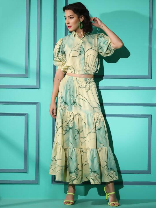 Green Rayon Tie dye Printed Top with Matching Skirt - Shivani