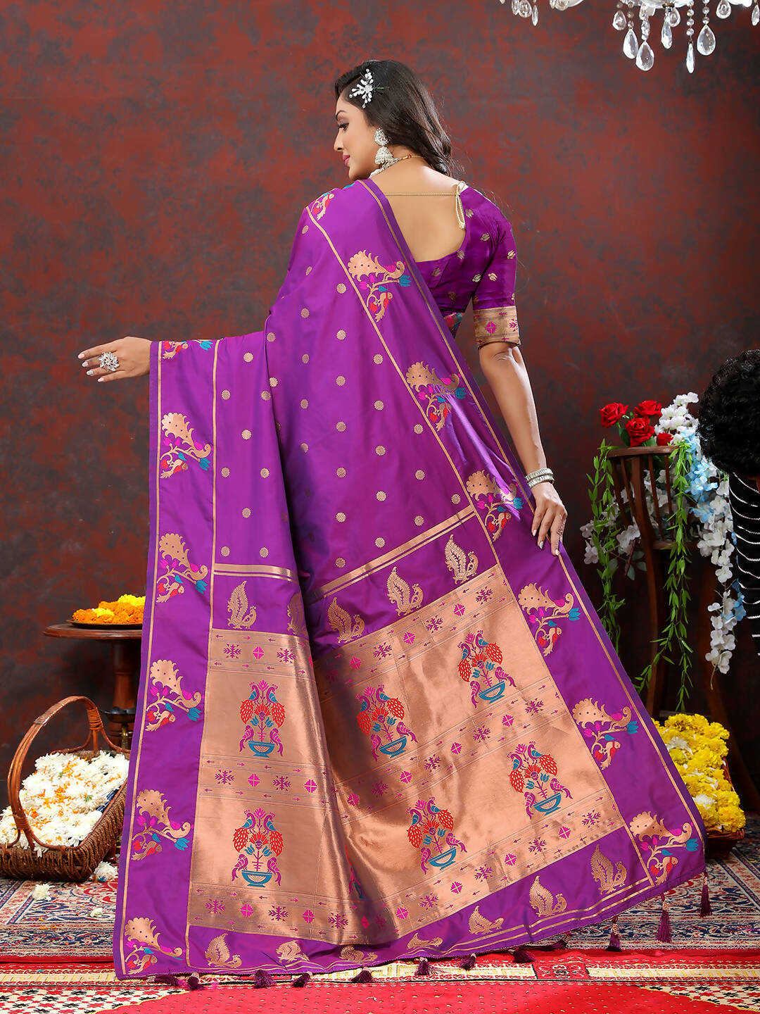 Lorenvalley Fashion Wine Soft Paithani Silk Woven Design Copper Zari Meenakari Weaving Saree