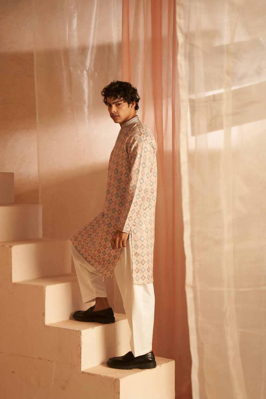 Cream Viscose Wevon Designer Men's Kurta Set - Mahotsav