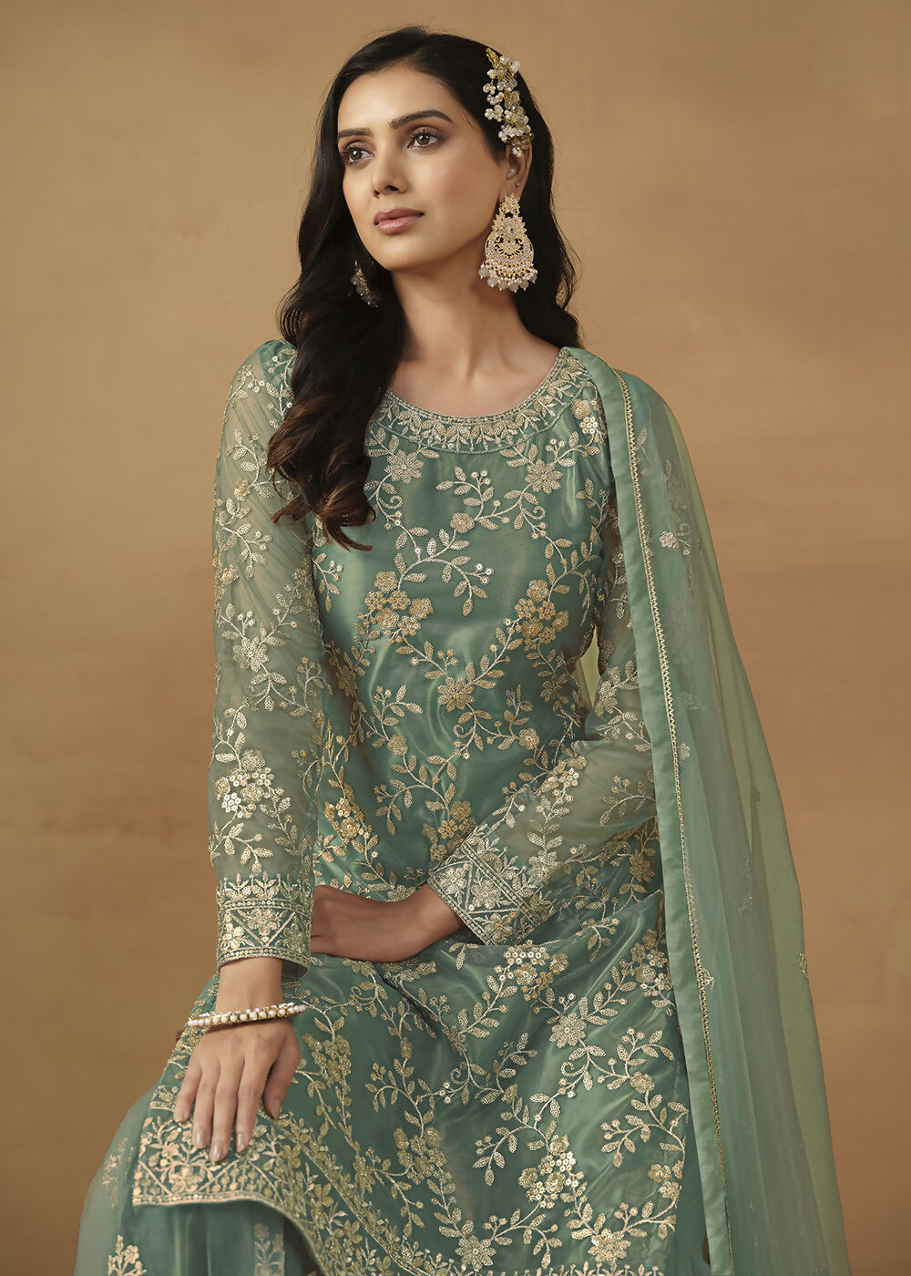 Sea Green Net Embroidered Wedding Festive Gharara Suit - Emponline