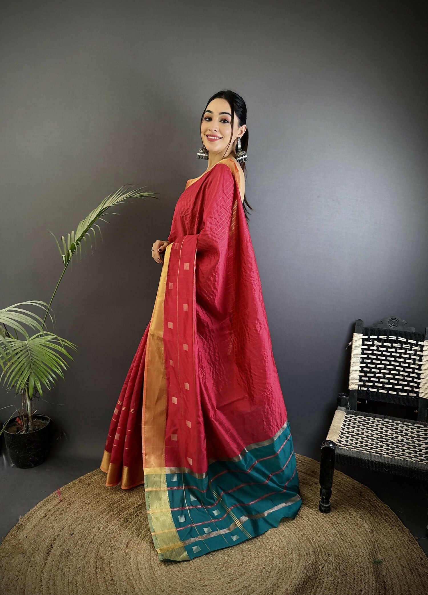 Joban Fashion Hot Pink Bhagalpuri Cotton Silk Stripes/Box Saree