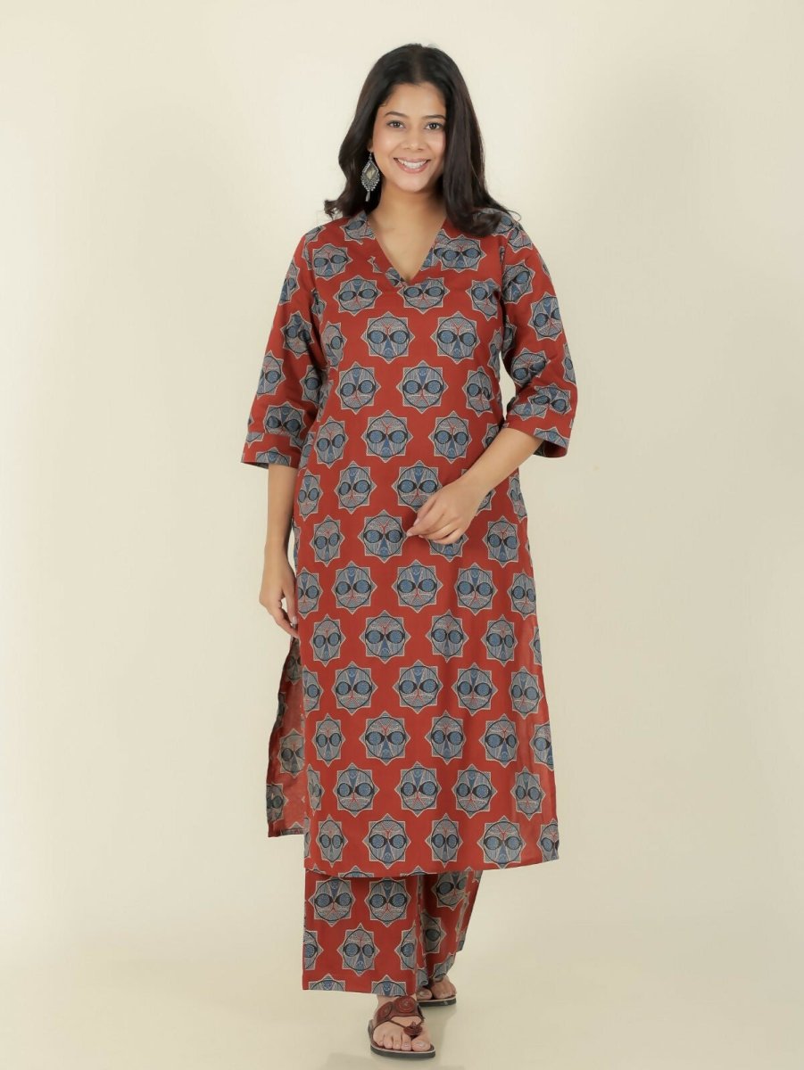 Aramya Red Soft Cotton Ajrakh Straight Kurta for Women