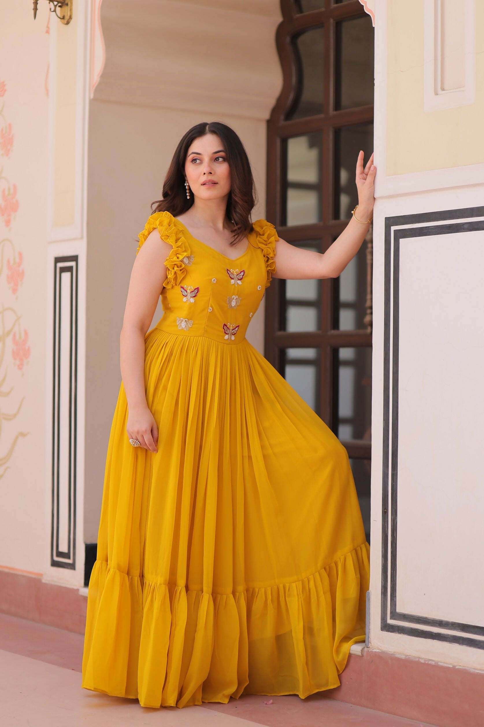 Joban Fashion Yellow Georgette Sequence Embroidery Work Gown