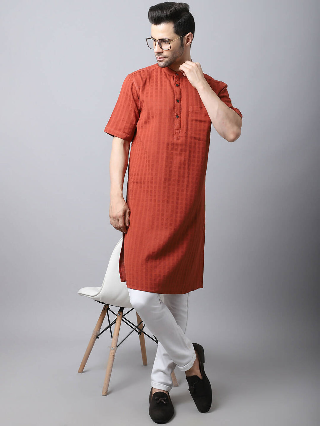 Even Apparels Red Pure Cotton Kurta With Band Collar