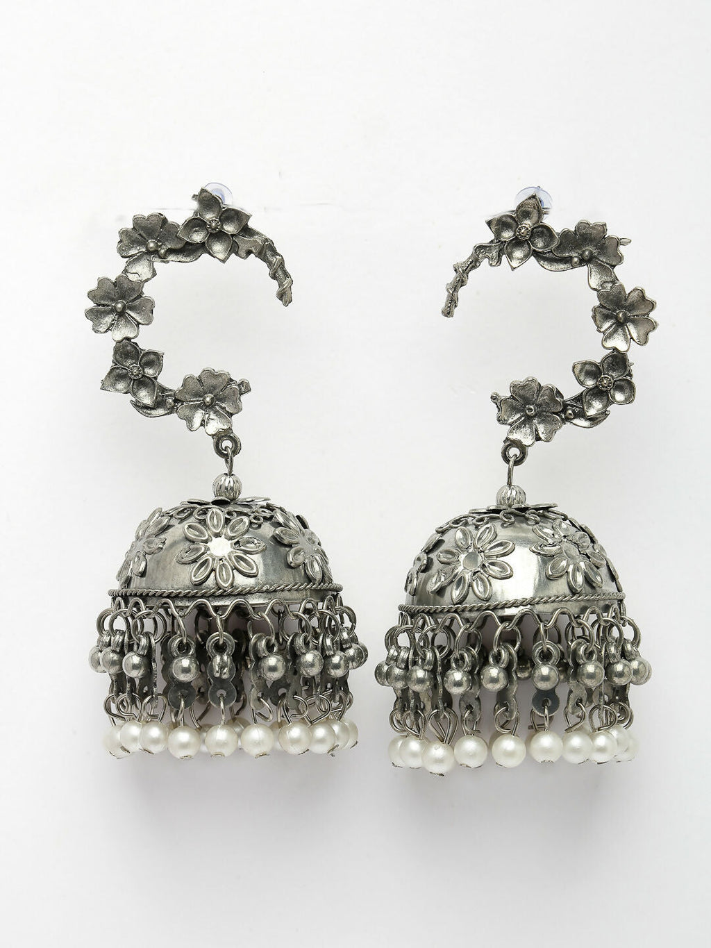 NVR Women's Silver Plated Pearl Beaded Oxidised Contemporary Jhumka Earrings