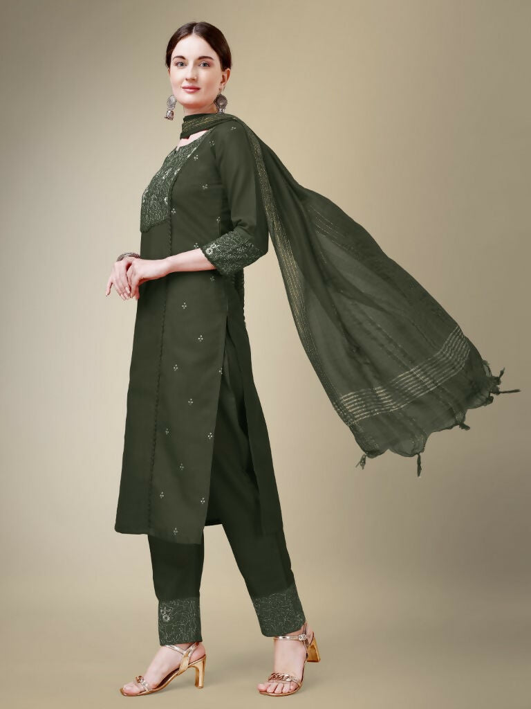 Jyoti Fashion Women's Dark Green Cotton Blend Embroidery & Fancy Lace work Kurta with Trouser & Dupatta